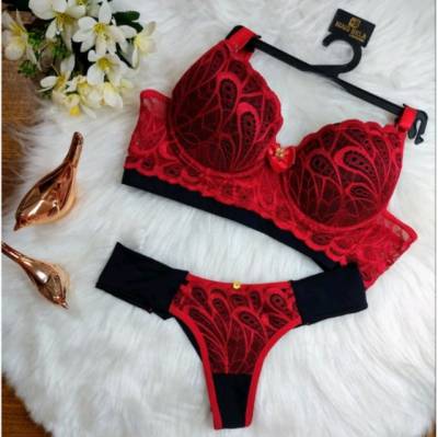 Conjunto Lingerie Renda Suti Com Bojo E Calcinha Fio Duplo