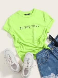 Shein Verde Lima Solgan Ocasional Camiseta [ad]