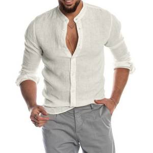 Camisa De Linho Masculina Manga Longa Gola Padre Casual Atemporal