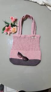 Bolsa Em Croch Rosa E Marrom