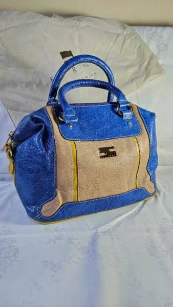 Bolsa Azul C/ Bege De Couro Legtimo - Ferni