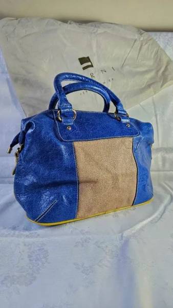 Bolsa Azul C/ Bege De Couro Legtimo - Ferni